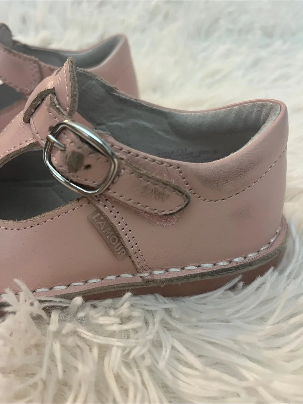 L'Amour Pink Leather T-Strap Mary Jane Shoes